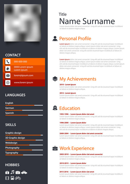 Professional personal resume cv in orange dark and white design vector eps 10 - Vektör, Görsel