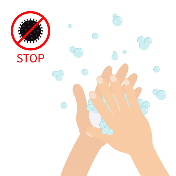 Stop coronavirus COVID 19. Red sign. Wash hands with soap soap foam bubble. Cute cartoon character hand body part. Personal hygiene, disease preventio. Flat design. White background. Isolated. Vector - Vektor, kép