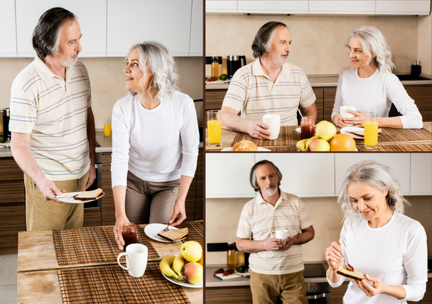 collage of happy mature couple near tasty breakfast at home - Photo, Image