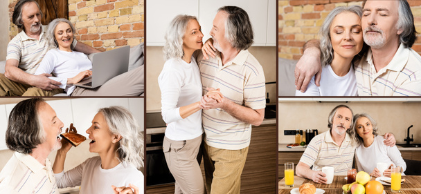 collage de couple mature dansant, mangeant le petit déjeuner et utilisant un ordinateur portable
  - Photo, image