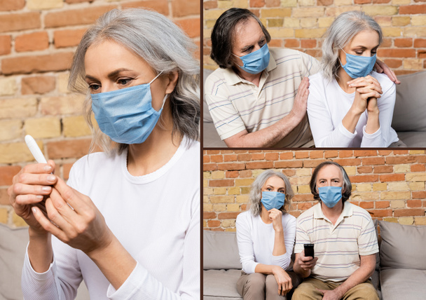 家庭のデジタル温度計を見て映画や女性を見ている医療用マスクの成熟したカップルのコラージュ  - 写真・画像