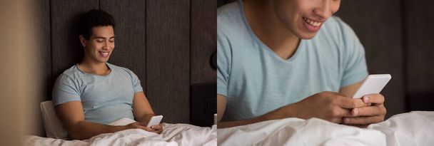 collage with happy mixed race man using smartphone in bed on quarantine, panoramic orientation - Foto, Imagen