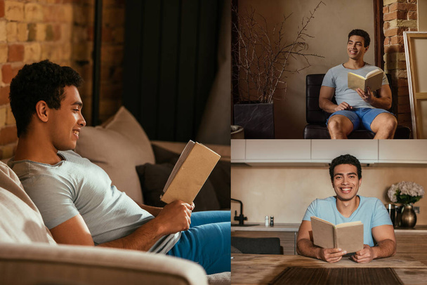 collage with handsome mixed race man reading book at home during quarantine - Foto, imagen