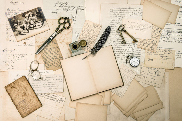 antique accessories, old letters and vintage christmas card - Fotó, kép