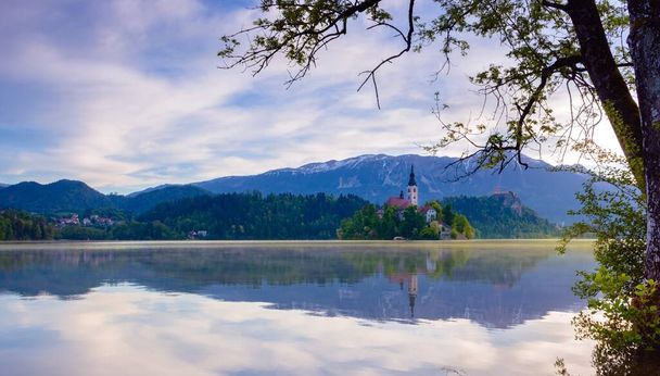 背景には、ブレッド湖やジュリアンアルプスでの美しい朝。湖の島とメアリーの仮定に捧げ魅力的な小さな教会はスロベニアで有名な観光名所です。 - 写真・画像