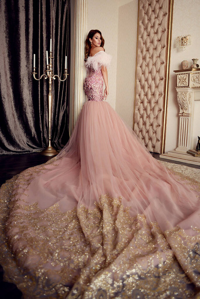 Beautiful luxury girl in a pink dress with feathers and sewn with beads in an expensive interior - Фото, зображення