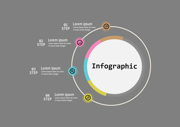 Le modèle de conception vectorielle infographique pour illustration. Modèle d'affaires de conception d'infographie avec quatre étapes. Concept créatif pour l'infographie. Utilisé pour la mise en page, les flux de travail, les bannières, la conception Web
. - Vecteur, image