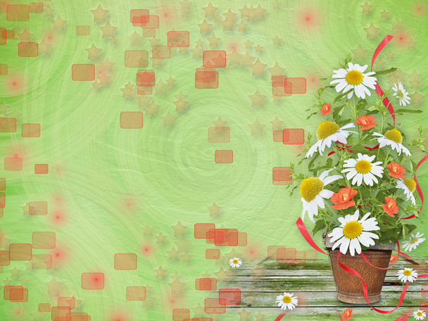 Grunge paper with beautiful bunch of daisy and poppy for design - Fotoğraf, Görsel