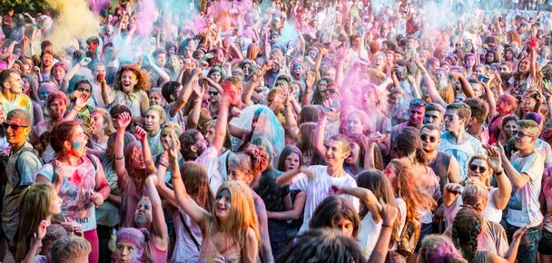 Ruse city, Bulgaria - June 28, 2017. Happy young people dancing and celebrating during Music and Colors festival. - Photo, Image