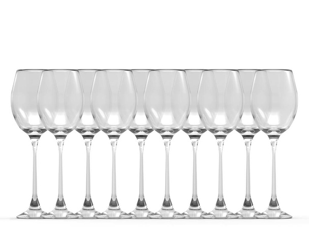 3D-Darstellung. leere Weinglasreihe auf grauem Hintergrund. - Foto, Bild