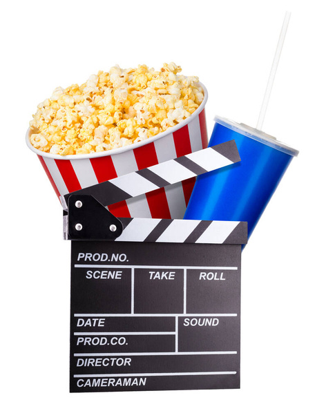 Flying popcorn and film clapper board isolated on white background - Foto, imagen