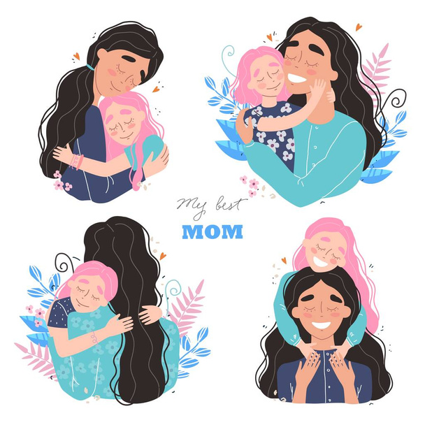 Beautiful young woman and her charming little daughter. Girl hugs mom and smiles. Vector illustration in trendy style. Set of illustrations for mothers day - ベクター画像