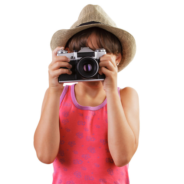 Girl with a film camera in the hands of - Foto, Imagen