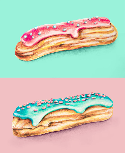 A couple set of traditional French desserts: cute yummy sweet hand-drawn eclair cakes on pink and mint. Good for cafe or restaurant menu decoration, receipt on website or magazine, gift card etc - Photo, Image