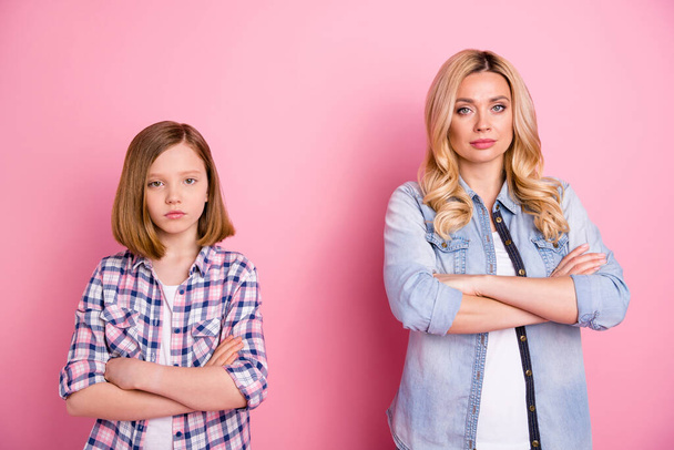 Portrait independent freelance workers mom and her small daughter cross hands can solve all job decisions real team wear denim jeans checkered plaid shirt isolated pastel color background - Foto, imagen