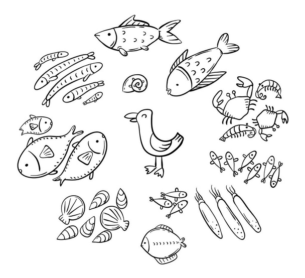 Conjunto de dibujos animados garabatos mariscos o animales del océano como peces, camarones y calamares
 - Vector, imagen