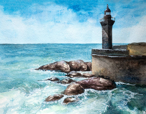 Hand-painted watercolor Porto Portugal lighthouse illustration artwork - Photo, Image