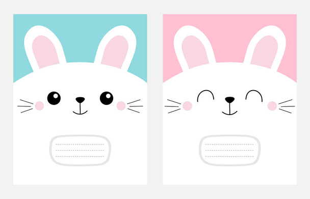 Шаблон обложки тетради. Белый кролик голова кролика квадратный иконка набор. Симпатичный мультяшный персонаж. Отпечаток ребенка. Усы. Усы. Счастливая Пасха Плоский дизайн Голубой фон
 - Вектор,изображение