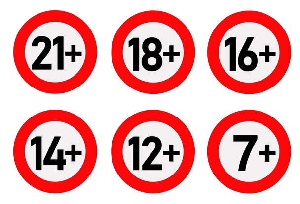 Zestaw znaków granicznych wieku. Sygnał wektorowy, ma tylko 7, 12, 14, 16, 18, 21 lat. Zakazane w okresie X lat, koncepcja zakazana lub ograniczająca. - Wektor, obraz