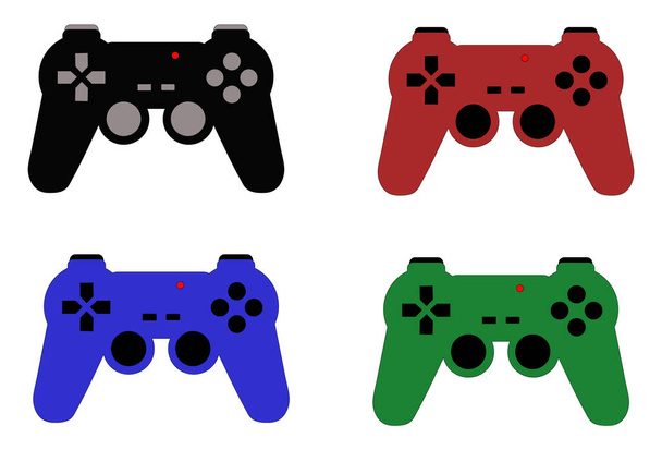 Набор из четырех видеоигр разных цветов изолирован. Gamepad с красным светом, кнопки и джойстики. Иконка или логотип с игровой концепцией
. - Вектор,изображение