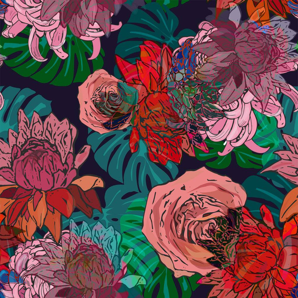水彩効果と美しいシームレスな花のパターン。花のベクターイラスト - ベクター画像