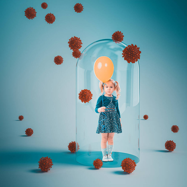 niña con globos en la mano protegidos por una campana de vidrio y rodeada de virus que representan el coronavirus covid 19. concepto de prevención, vacuna, seguridad para la salud
. - Foto, imagen
