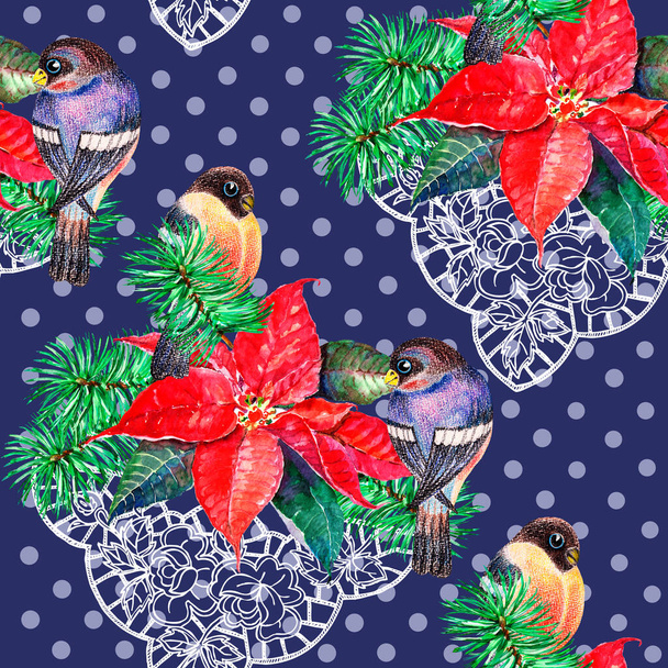 Bird with flower poinsettia and openwork painting in watercolor. Holiday seamless patttern on blue background. - Photo, Image