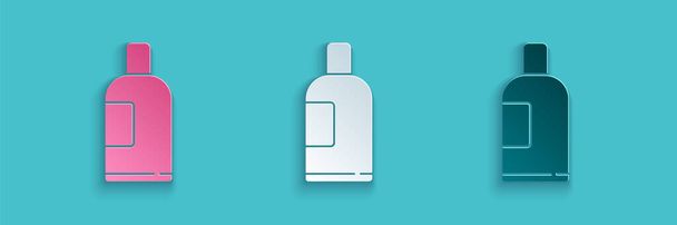 Paper cut Bottle of shampoo icon isolated on blue background. Paper art style. Vector Illustration - Vektör, Görsel
