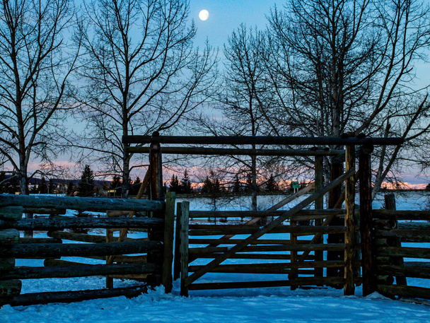 Old corral at sunrise. Cochrane, Alberta, Canada - Photo, Image