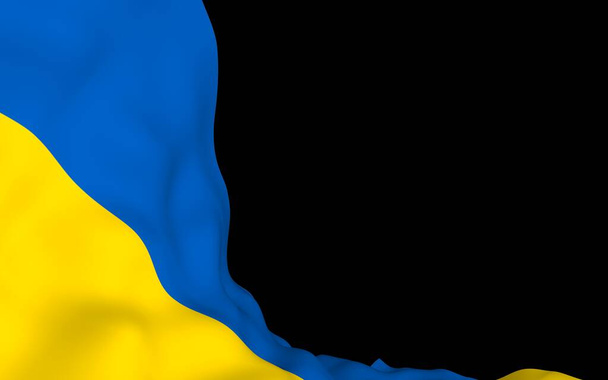 The flag of Ukraine on a dark background. National flag and state ensign. Blue and yellow bicolour. 3D illustration waving flag - Foto, afbeelding