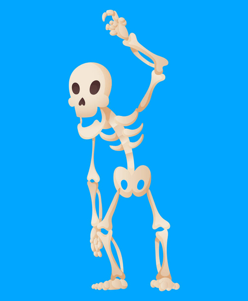 Lustiges Cartoon-Skelett posiert mit erhobener Hand. Vektor knöchernen Charakter. Menschliche Knochen illustrieren Skelette. Toter Mann auf farbigem Hintergrund - Vektor, Bild