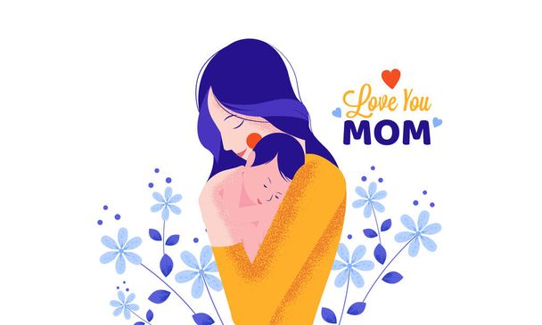 Beautiful illustration of a woman and baby on floral background. Mother care her new born baby. Happy mother's day, Love you mom. - ベクター画像