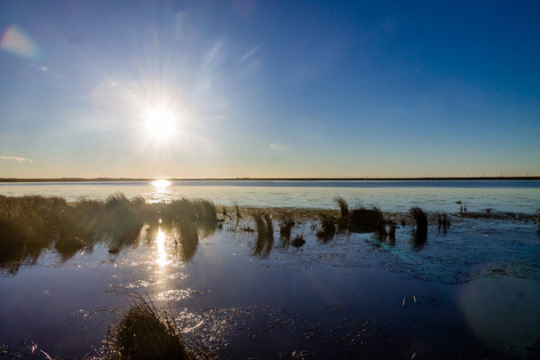 Ο ήλιος λάμπει έξω από τη λίμνη. Vulcan County, Αλμπέρτα, Καναδάς - Φωτογραφία, εικόνα