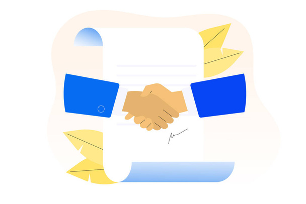 Zakendeal concept maken. Sluiting van een overeenkomst. Handdruk. Succesvol partnerschap. Papier tekenen. Samenwerking. Vectorillustratie - Vector, afbeelding