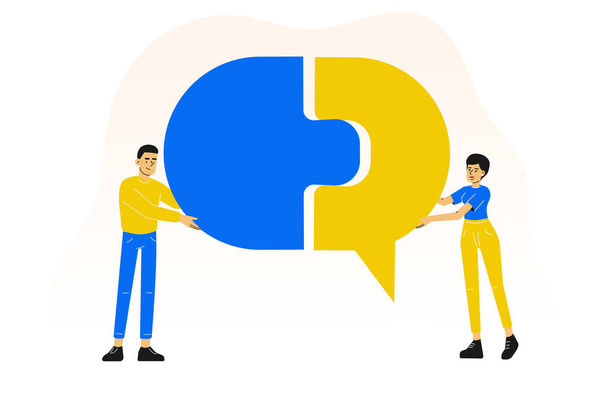 People combining puzzle pieces. Completing speech bubble symbol. Cooperation. Communication. Partnership. Team work. Vector illustration - Vector, Image