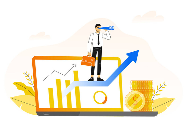Business concept. Manager man standing on arrow and looking out from a laptop screen with binoculars. Career growth to success. Business analysis. Making profit. Searching web. Vector illustration. - Vector, Image