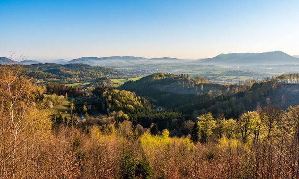 beautiful valley with village and fog in spring morning, Beskydy mountains - Fotó, kép