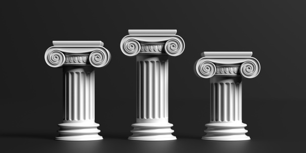 Победители мраморный пьедестал, подиум. Три ионные классические каменные колонны изолированы на черном фоне. Презентация продукта, рекламная концепция. 3d иллюстрация
 - Фото, изображение