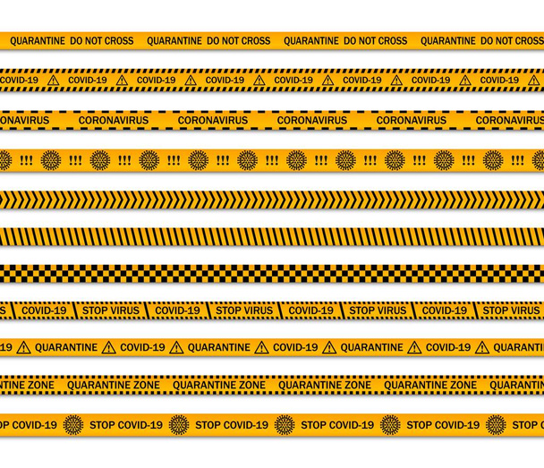 Peligro cintas de precaución. Coronavirus y Covid-19 y rayas amarillas de cuarentena
 - Vector, imagen