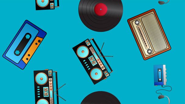 Patrón inconsútil de retro viejos reproductores de casetes de audio de música hipster y grabadoras de cinta discos de vinilo y radio de los años 70, 80, 90, 2000 sobre un fondo azul
 - Vector, imagen