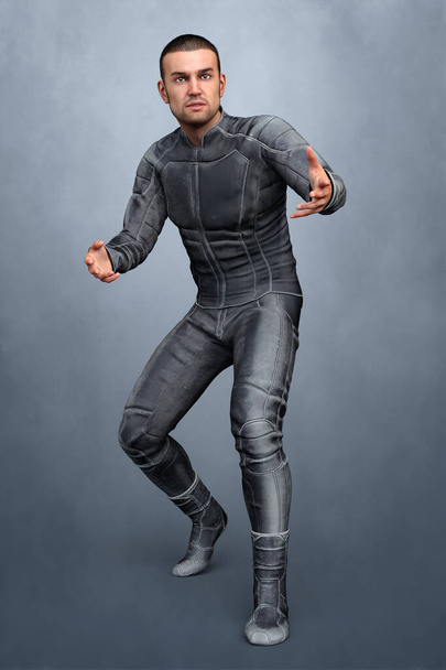 3D illustration of a male fantasy or scifi warrior in black leather suit. Character is in a hands outstretched pose. - Foto, Imagen