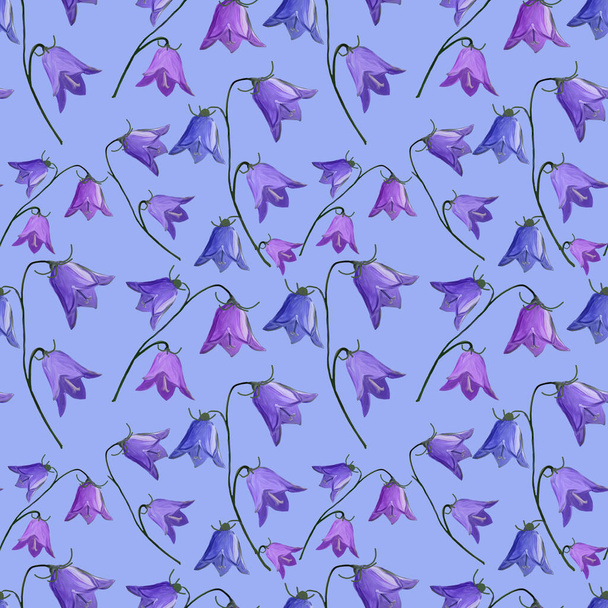 seamless pattern with bellflowers campanula flowers on light blue background. Floral background in gouache. Holidays presents and gifts wrapping paper For textiles,packaging,fabric,wallpaper. - Foto, Bild