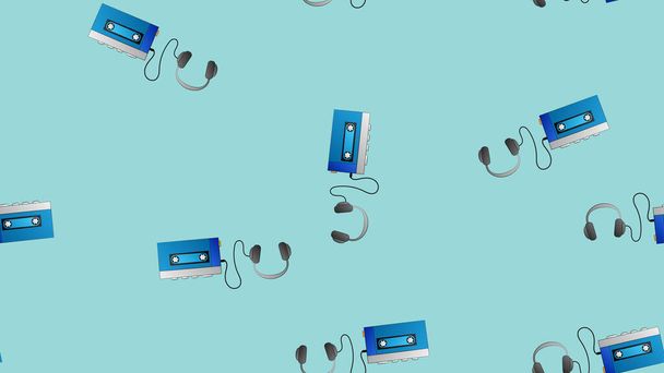 Seamless pattern of retro old hipster music audio cassette players from the 70s, 80s, 90s, 2000s on a blue background - Vector, Image