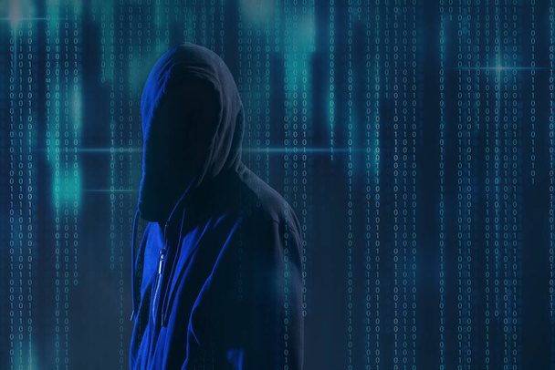 Hacker and digital binary code on dark background. Cyber crime concept - Fotografie, Obrázek