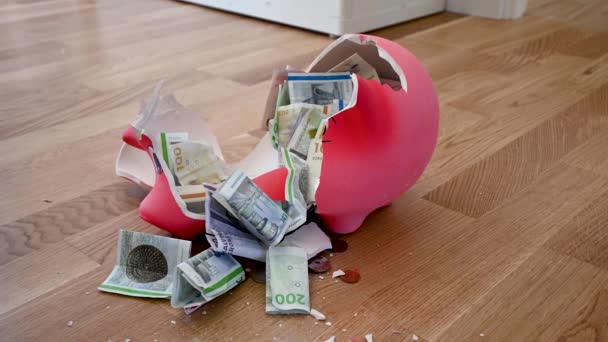 Footage of a person smashing a big piggy bank. The piggy bank is smashed to pieces with a hammer. The person sweeps a few of the sherds away, before start grabbing the money. Stock footage video by Brian Holm Nielsen - Video, Çekim