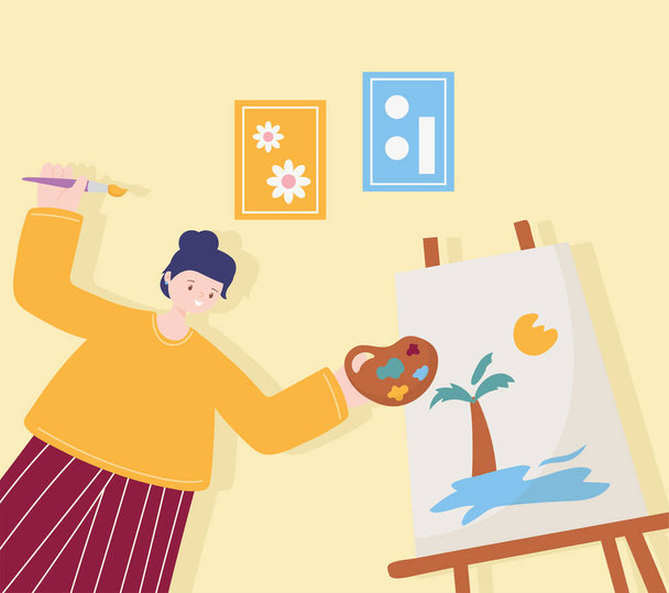 people activities, woman artist drawing on canvas holding palette color - Vector, Image
