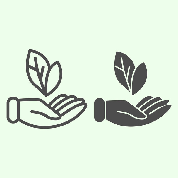 Health in hand line and solid icon. Hand and natural beauty leaf outline style pictogram on white background. Science and biology ecological signs for mobile concept and web design. Vector graphics. - Vector, afbeelding