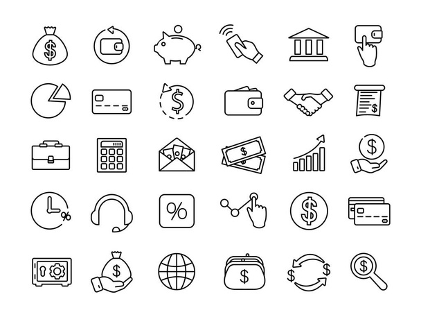 Ícones de linha fina financeira e bancária. Ícones de dinheiro. Símbolos da Economia
 - Vetor, Imagem