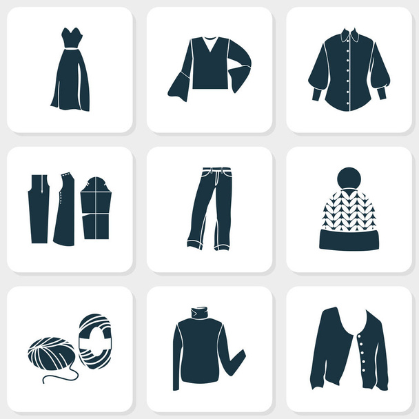 Dikiş desenli moda ikonlar, kış şapkası, korsaj elbisesi ve diğer balıkçı yaka elementleri. İzole vektör illüstrasyonu moda simgeleri. - Vektör, Görsel