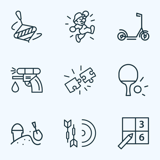 Hobby icone linea stile set con whirligig, sudoku, pistola ad acqua e altri elementi della pistola. Isolato illustrazione hobby icone
. - Foto, immagini